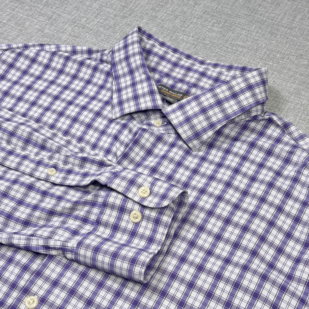 Peter Millar Summer Comfort Button-Up Shirt Mens 2XL Purple Plaid Long Sleeve‎